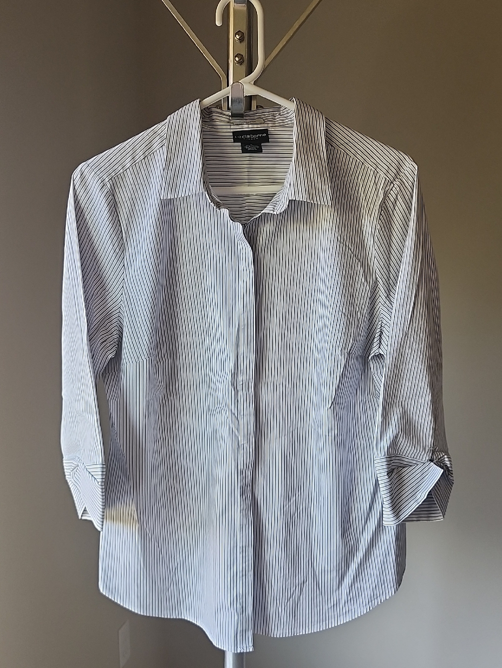 Liz Claiborne White and Grey Pinstripe Dress Shirt